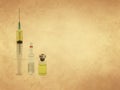 Syringe, vial and serum, injectable treatment on old paper background