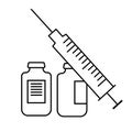 Syringe and vials icon illustration. Flu shot. Vaccination. Virus, infection prevention. Vaccine. Medications, drugs. Contour sym