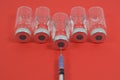 A Syringe and Vials Isolated with Red Background For Vaccination Injection Royalty Free Stock Photo