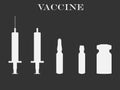 Syringe and vials. Syringe and ampules. Vaccine. Set icons in line style.