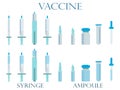 Syringe and vials. Syringe and ampules. Vaccine. Set icons in line style.