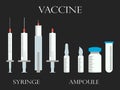 Syringe and vials. Syringe and ampules. Vaccine. Set icons in line style.