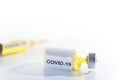 Syringe with yellow liquid vaccine flacon for viruses, close up, macro photography Royalty Free Stock Photo