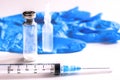 Syringes, water for injections, ampoules. Medical gloves