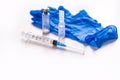 Syringes, water for injections, ampoules. Medical gloves