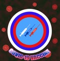 Russian virologists have created a vaccine against coronavirus. Syringes of white, red and blue against a blue sky in a circle