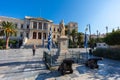 Syros, Greece - Juli 1, 2021: Andreas Miaoulis Statue at the Miaouli square at the island of Syros. One of the islands of the