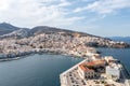 Syros island, Hermoupolis cityscape and port aerial drone view. Greece, Cyclades