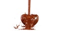 Syrup is poured on a chocolate candy, isolated on a white background. Pouring caramel syrup on a chocolate heart, 3d rendering.