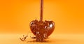 Syrup is poured on a chocolate candy, realistic 3D illustration. Pouring caramel syrup on a chocolate heart, 3d rendering.