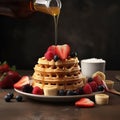 Syrup pouring over waffles with fruits ai generated