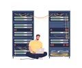 Sysadmin adjusting network connection, repairing equipment, maintaining system work in server room. Man working with Royalty Free Stock Photo