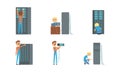 Sysadmin characters set. Men repairing and adjusting network connection and upkeeping server. Support and administration