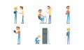 Sysadmin characters set. System administrator repairing and adjusting network connection, working on computer and