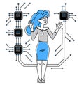 Sysadmin repairing hardware vector outline illustration, system administrator computer engineer working with circuit boards