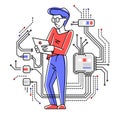 Sysadmin repairing hardware vector outline illustration, system administrator computer engineer working with circuit boards
