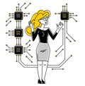 Sysadmin repairing hardware vector outline illustration, system administrator computer engineer working with circuit boards