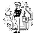 Sysadmin repairing hardware vector outline illustration, system administrator computer engineer working with circuit boards