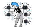 Sysadmin repairing hardware vector outline illustration, system administrator computer engineer working with circuit boards