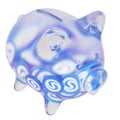 Syscoin (SYS) Clear Glass piggy bank with decreasing piles of crypto coins.