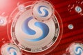 Syscoin SYS crash, bubble. Syscoin SYS cryptocurrency coins in a bubbles on the binary code background