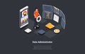 System Administrator Upkeeping Server, Adjusting Network, PC Hardware. Sysadmin With Gear In Hands Repairing Computer