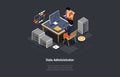 System Administrator Upkeeping Server, Adjusting Network. Sysadmins Teamwork In Office Or Storage Room With Server And