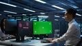 System administrator using AI tech on isolated screen PC in data center