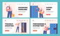 System Administrator Work Landing Page Template Set. Sysadmin Character Work on Computer, Doing Technical Routine