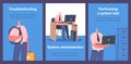 Man Sysadmin or Coder at Work on Computer in Office. Male Character Working With Big Data and Technical Information