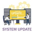 System administrators updating operation system. Software installation, computer system upgrade or maintenance, vector.