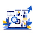 System analysis concept with character. People and laptop screen with data analysis graphs and charts abstract vector illustration