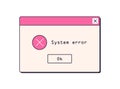 System error alert, notification. Dialog window with warning message, failure and OS problem information in retro 90s