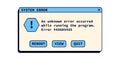 System error message in retro style. Crash window notification in blue color.