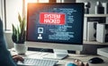 System hacked alert on computer screen after cyber attack on network. Cybersecurity vulnerability on internet, virus, data breach Royalty Free Stock Photo