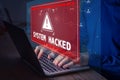 System hacked alert after cyber attack on computer network. Cybersecurity vulnerability, data breach, illegal connection, Royalty Free Stock Photo