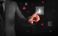 System hacked and data breach concept background with Man touching the errors along floating red shapes. Security compromised