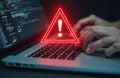 System hacked warning alert on notebook. Cyber attack on computer network. Virus, spyware, malware or malicious software. Cyber
