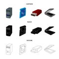 A system unit, a flash drive, a scanner and a SD card. Personal computer set collection icons in cartoon,black,outline Royalty Free Stock Photo