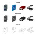 A system unit, a flash drive, a scanner and a SD card. Personal computer set collection icons in cartoon,outline Royalty Free Stock Photo