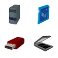 A system unit, a flash drive, a scanner and a SD card. Personal computer set collection icons in cartoon style vector Royalty Free Stock Photo