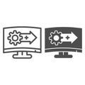 System upgrade line and solid icon. Software update, gear with arrow on monitor symbol, outline style pictogram on white