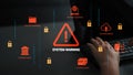 System Warning Alert with Digital Interface and Security Icons Representing Cybersecurity and System Errors with Hands Royalty Free Stock Photo