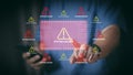 System warning alert on virtual interface with hand interaction. Concept of cybersecurity risk, data breach, malware, hacking, IT Royalty Free Stock Photo