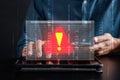System warning caution sign on smartphone, scam virus attack on firewall for notification error and maintenance. Network security