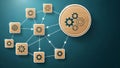 Business System Network Workflow Diagram with Wooden Gears on Blue Background and Copy Space Royalty Free Stock Photo