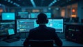 Systems Operator In Navy Blazer Monitoring Security Protocols In Command Center Royalty Free Stock Photo