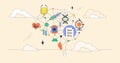 Systems thinking in healthcare visualized with interconnected icons like DNA, ...