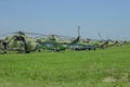 SYZRAN, RUSSIA - SEPTEMBER 13, 2014: many tails of Russian military transport helicopters Royalty Free Stock Photo