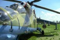 SYZRAN, RUSSIA - SEPTEMBER 13, 2014: Russian military transport helicopter mi 24 at the airport with green grass front view